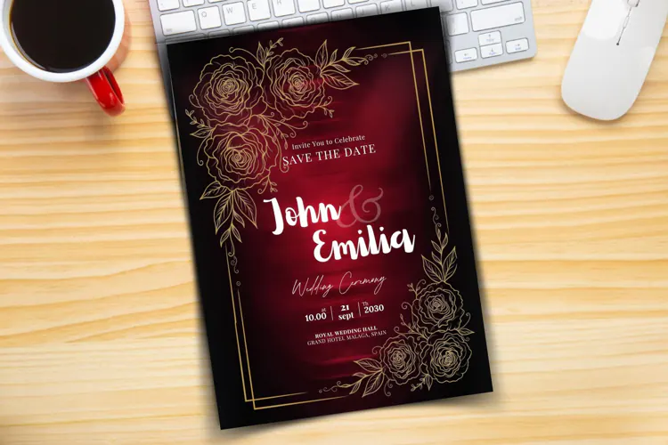 Luxury Royal Burgundy and Gold Wedding Invitation Template