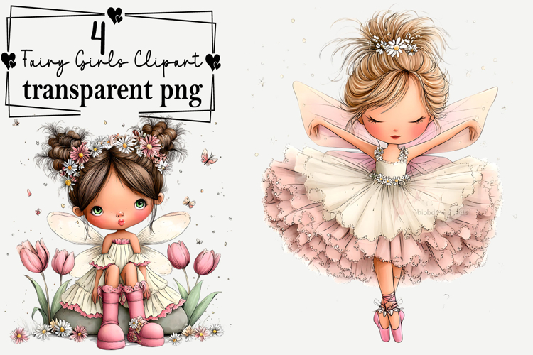 Whimsical Fairy Girls Clipart Watercolor PNG example image 1