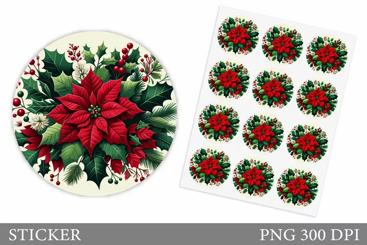 Poinsettia Sticker Design. Christmas Sticker Printable