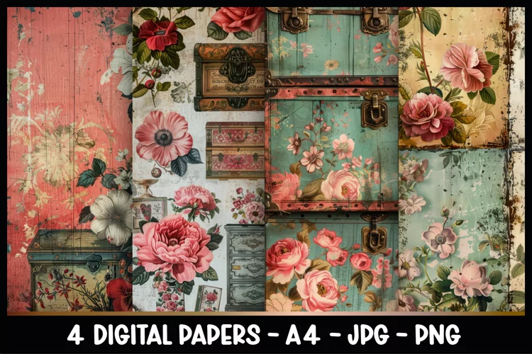 4 Vintage Floral Digital Papers I Junk Journal Page