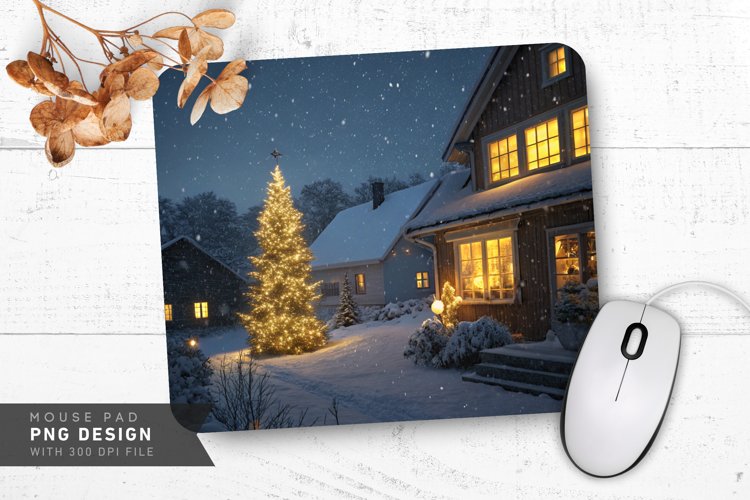 Christmas Night with Tree and Snowfall Mouse Pad PNG Design
