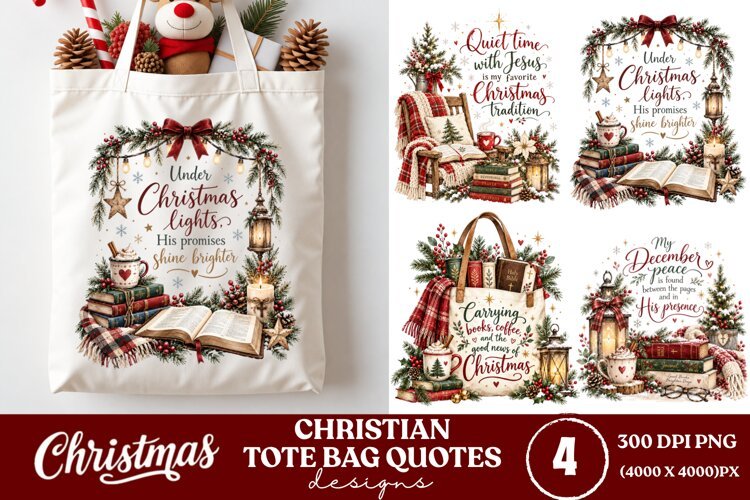 4 Christian Christmas Tote Bag PNGs, 4 Bible Lover Christmas example image 1