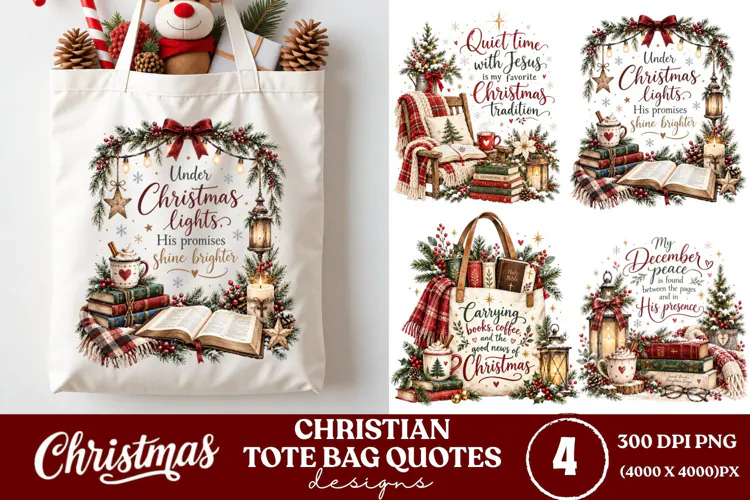 4 Christian Christmas Tote Bag PNGs, 4 Bible Lover Christmas