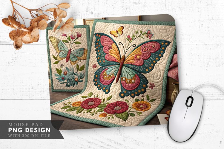 Butterfly And Floral Quilts Mouse Pad PNG Design example image 1