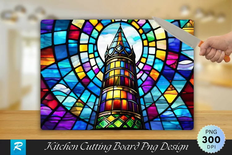 Stained Glass Tower Cutting Board Sublimation Design