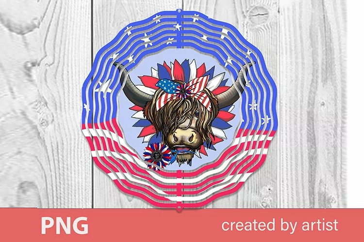 Wind Spinner 6 in, 10 in, Independence day, patriotic cow