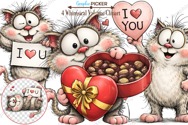 Whimsical Cats Valentines Day Clipart, Valentines Day PNG
