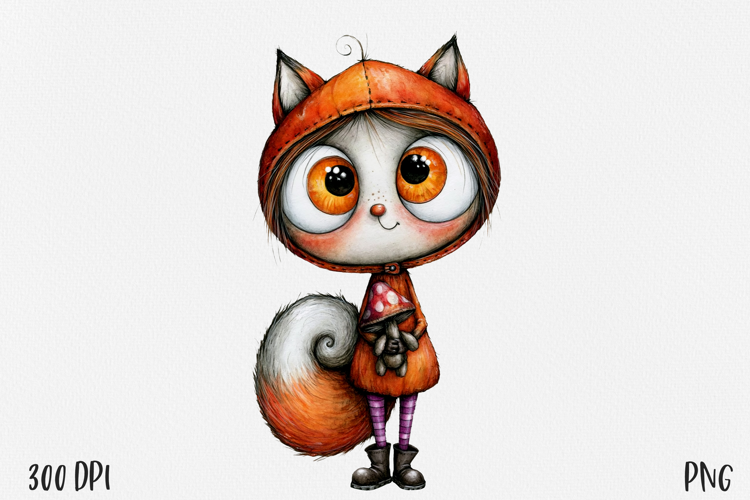 Whimsical Autumn Girl PNG, Cute Woodland Character Clipart