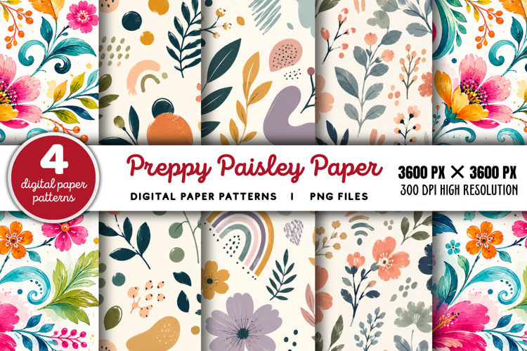 Bright Preppy Paisley Digital Paper PNG