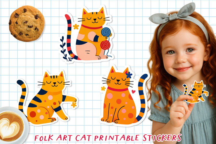 Cute & Funny Folk Art Cat Printable Stickers, PNG