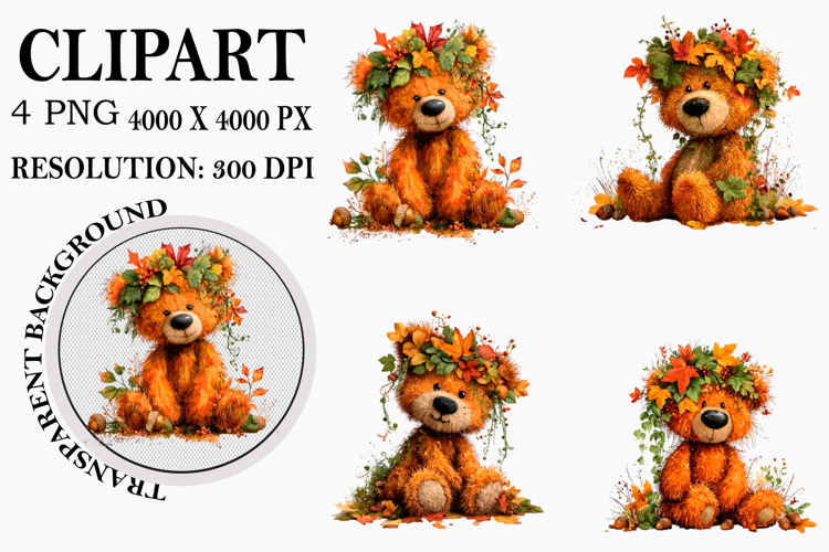 Whimsical Teddy Bear Fall Clipart Watercolor PNG