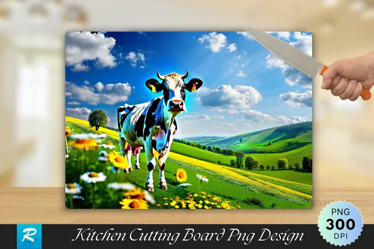 Cow Standing in a Field of Flowers Cutting Board PNG Design