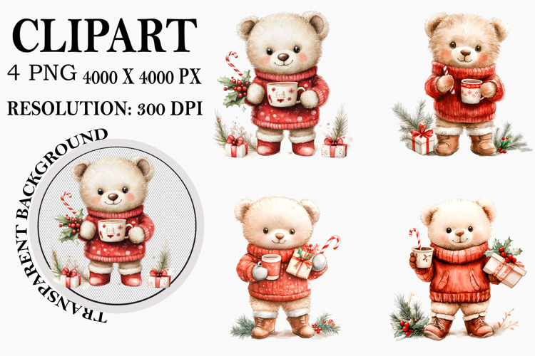 Whimsical Christmas Bears Clipart Watercolor PNG