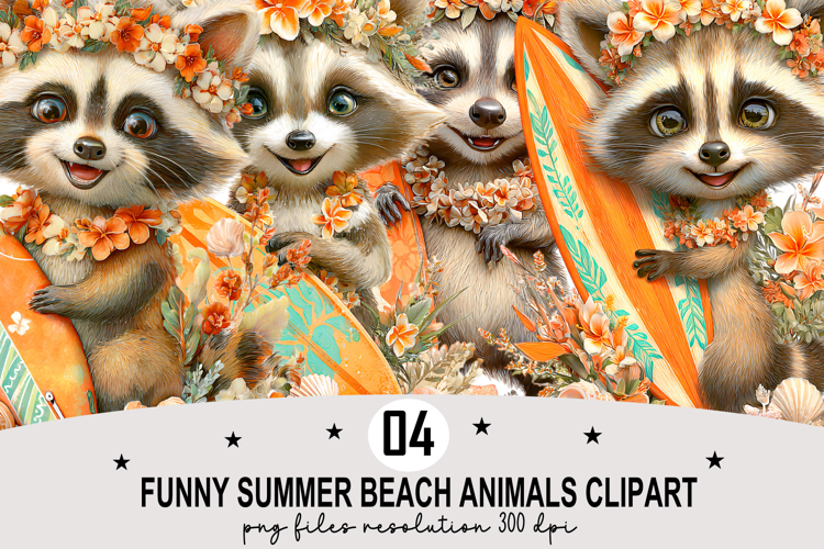 Funny Summer Beach Animals Clipart Watercolor PNG