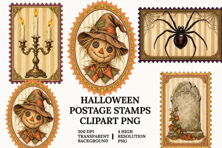 Halloween Postage Stamp PNG Vintage Clipart Sublimation Art