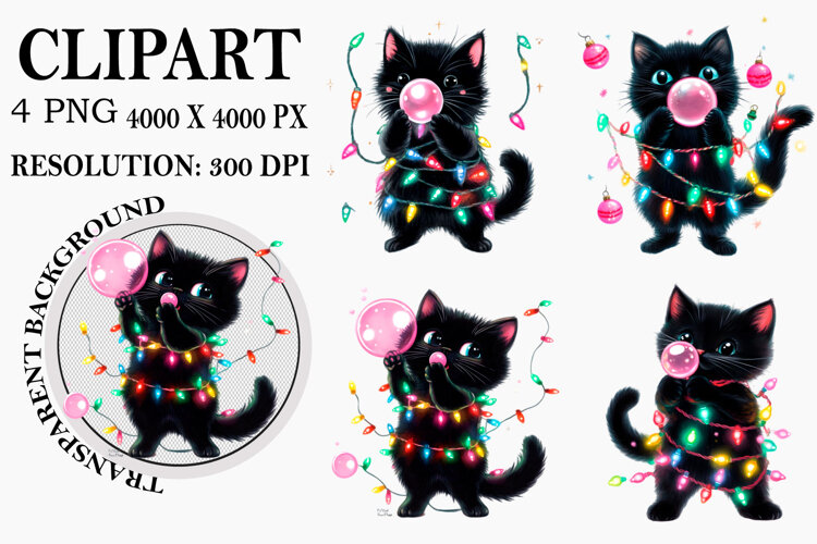 Whimsical Funny Christmas Cat Clipart Watercolor PNG example image 1