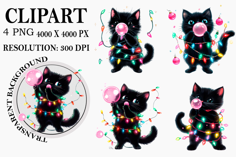 Whimsical Funny Christmas Cat Clipart Watercolor PNG