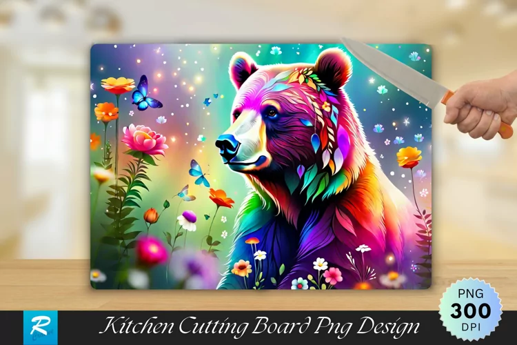 Multicolored Bear with Flowers Cutting Board PNG Design