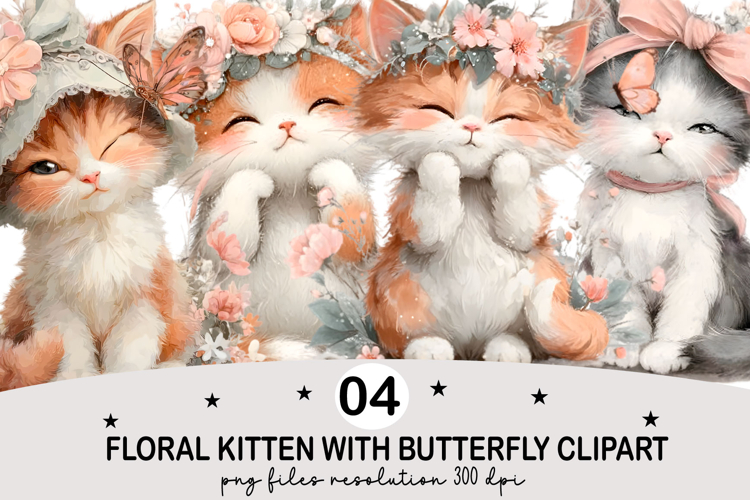 Floral Kitten with Butterfly Clipart Watercolor png