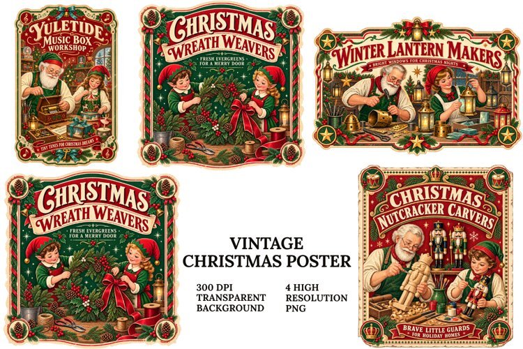 Vintage Christmas Poster PNG Retro Holiday Sublimation Craft example image 1