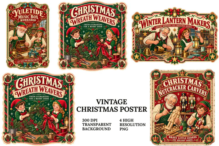 Vintage Christmas Poster PNG Retro Holiday Sublimation Craft