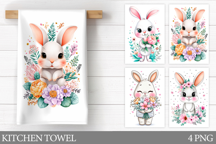Cute Bunny Kitchen Towel. Bunny Flowers Kitchen Towel Design