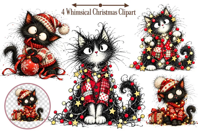 Whimsical Christmas Clipart, Christmas Cat Sublimation