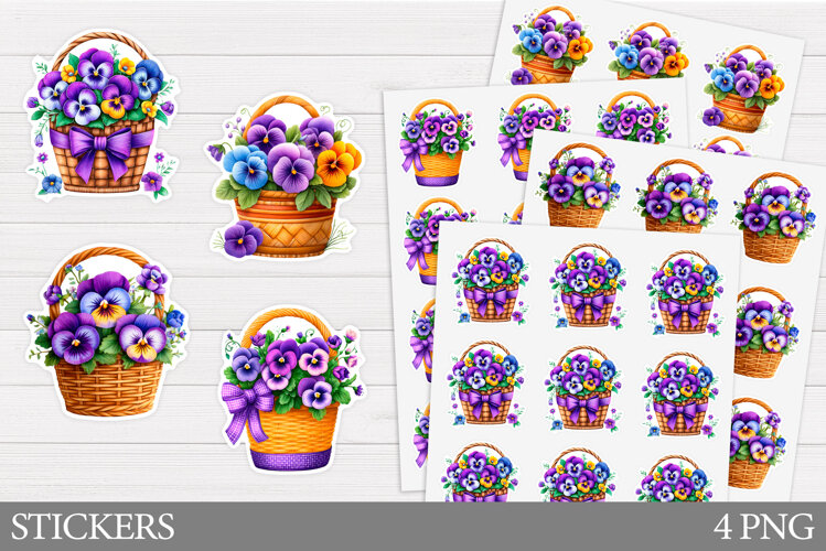 Basket Pansies Sticker Design. Flowers Sticker Printable example image 1