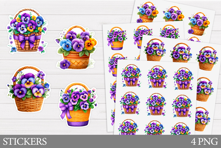 Basket Pansies Sticker Design. Flowers Sticker Printable