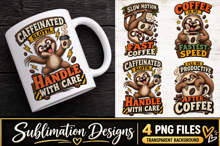Funny Sloth Coffee Clipart Sublimation PNG