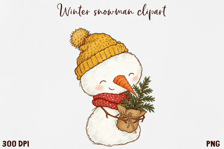 Cute Winter Snowman Clipart, Cozy Christmas Snowman PNG.