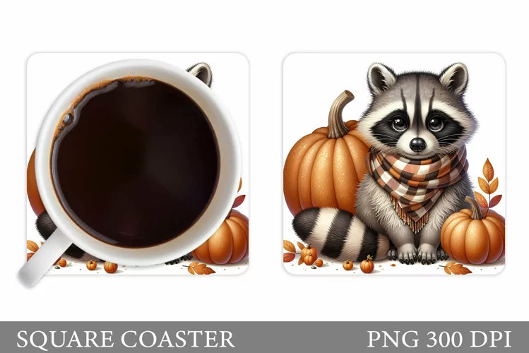 Fall Raccoon Coaster Design. Cute Raccoon Coaster