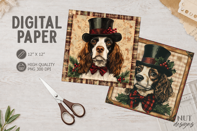Vintage Spaniel Christmas dog Digital Paper Dog face