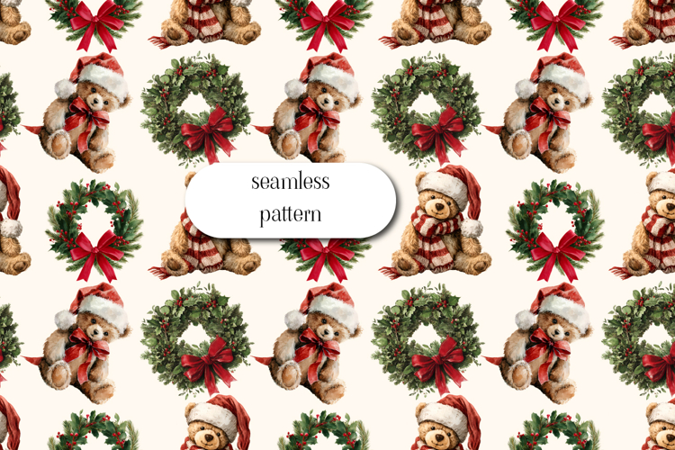 Cute Christmas Teddy Bear Seamless Pattern on Red Stripes