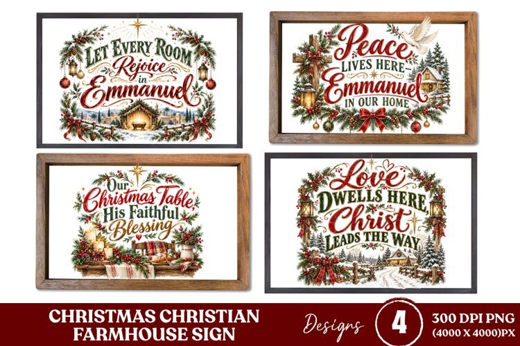4 Christian Christmas Farmhouse Sign PNGs, 4 Rustic Christma example image 1