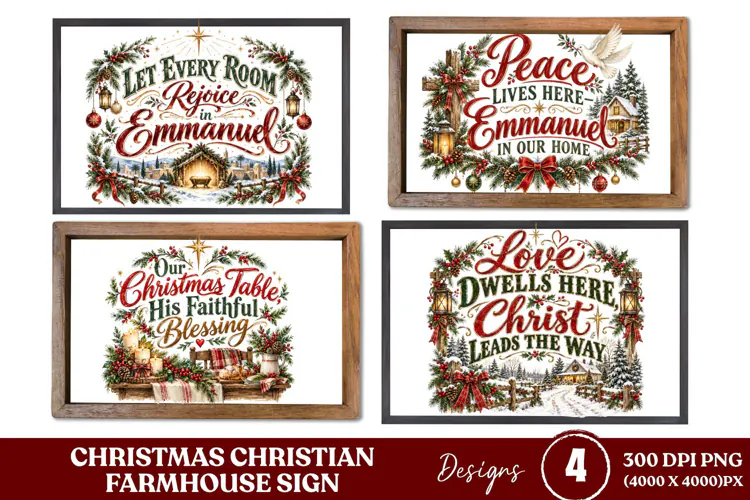 4 Christian Christmas Farmhouse Sign PNGs, 4 Rustic Christma