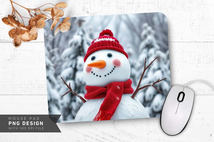 Snowman Scarf with Snow Covered Trees Mouse Pad PNG Design