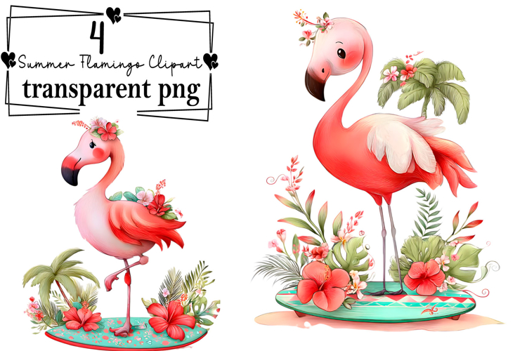 Whimsical Summer Flamingo Clipart Watercolor PNG example image 1