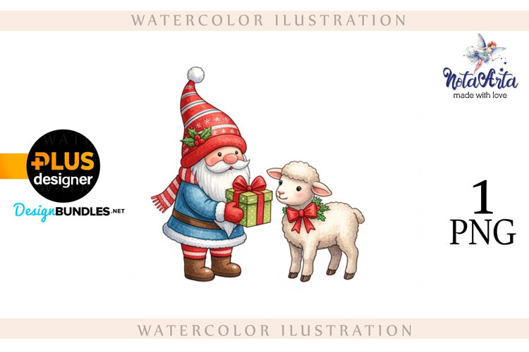 Christmas Gnome Santa with a Sheep in Watercolor Style example image 1