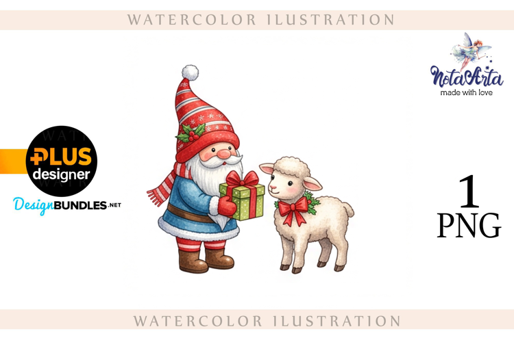 Christmas Gnome Santa with a Sheep in Watercolor Style