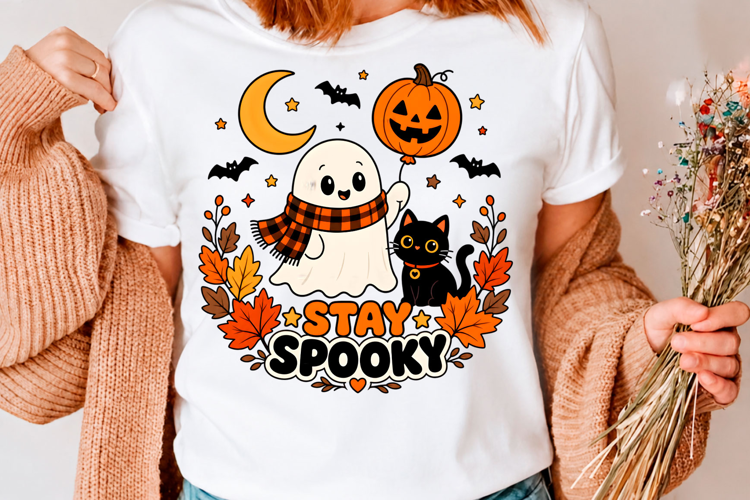 Stay Spooky Halloween Ghost Pumpkin Cat T-Shirt Design