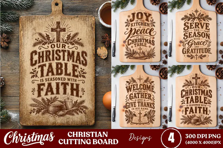 4 Christian Christmas Cutting Board PNGs, 4 Rustic Faith Cut