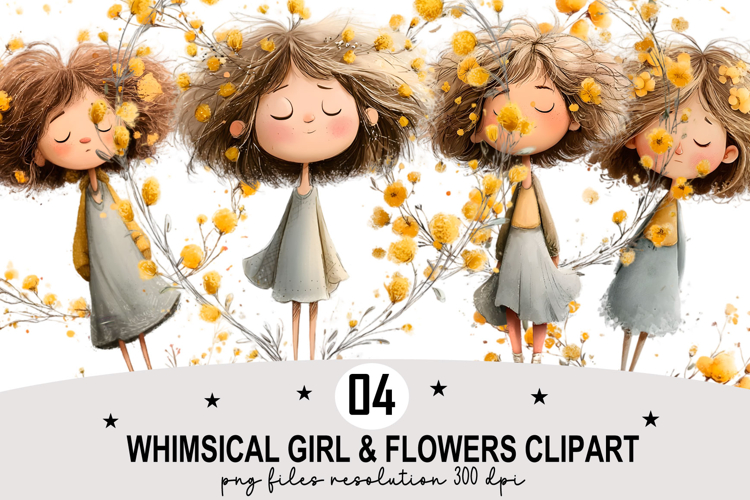 Whimsical Girl   Flowers Clipart Watercolor Png