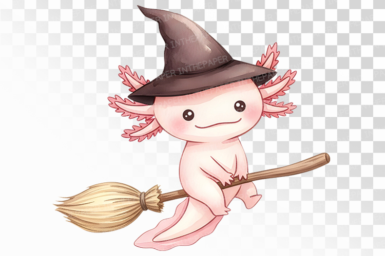 Halloween Axolotl Flying Witch Hat Broom PNG Uparupa