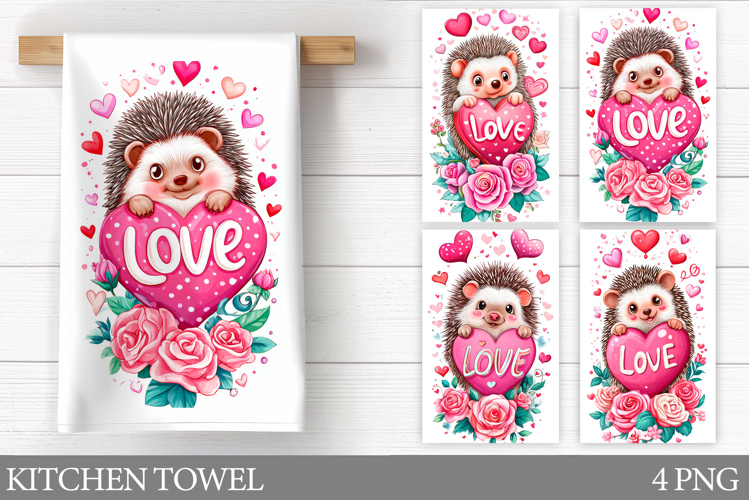 Valentine Hedgehog Kitchen Towel. Valentines Kitchen Towel