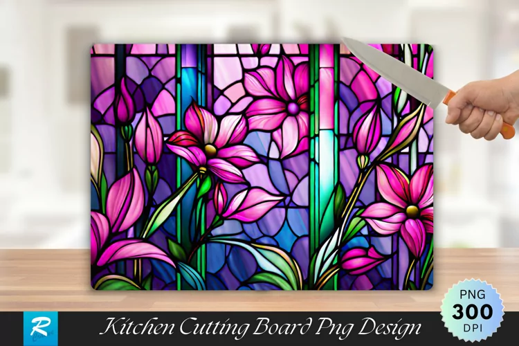 Pink Stained Glass Flowers Cutting Board Sublimation Design