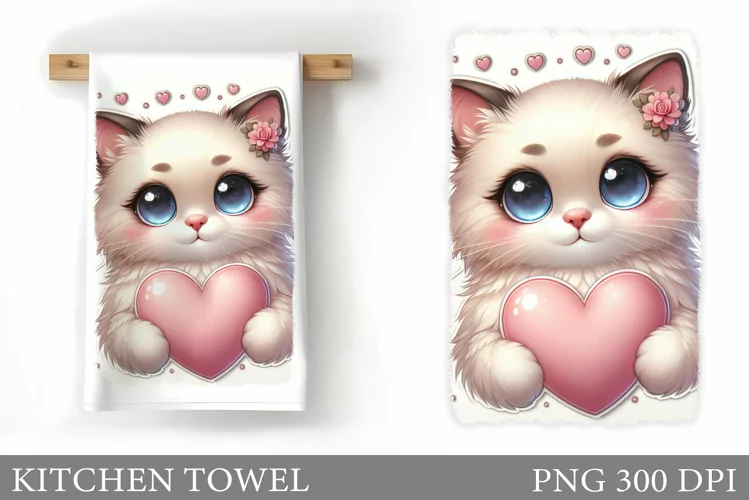 Valentines Cat Kitchen Towel. Valentines Kitchen Towel