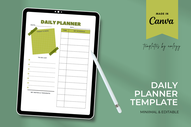 Printable Daily Planner Template, Aesthetic Green Grid