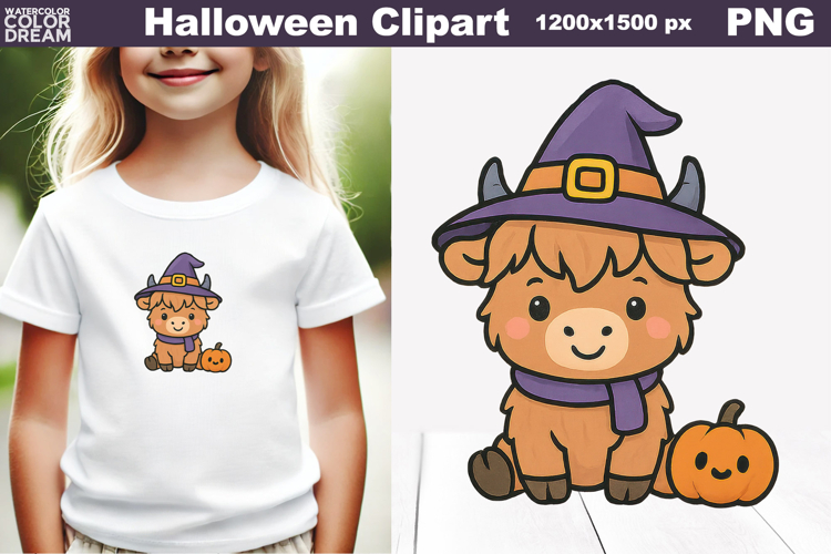Cute Halloween Highland Cow Clipart | PNG for Kids Shirts