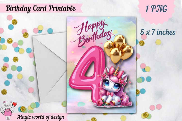 Unicorn 4th Happy Birthday Card, Printable png